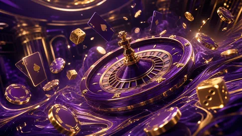 A luxurious casino-themed hero banner with floating poker chips, playing cards, and glowing elements in a cyberpunk aesthetic